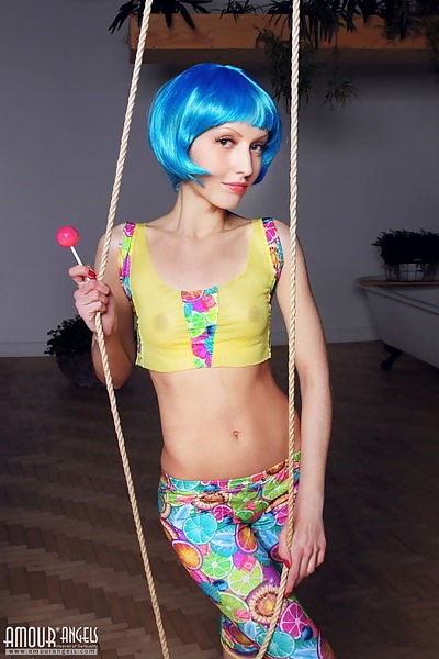 Blue-haired teen cutie stripping
