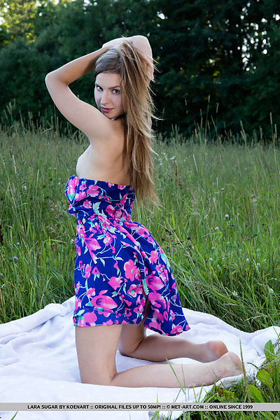 Cute teen takes off her dress in a field