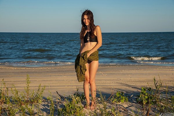 Cute brunette teen takes off her bikini at the beach