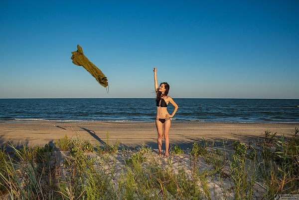 Cute brunette teen takes off her bikini at the beach