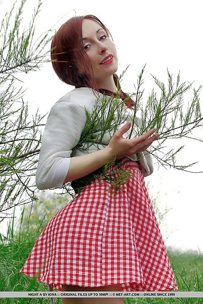 Redhead with big pussy lip lifts up her dress in a field