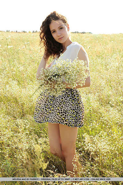 Cute brunette teen lifts up her skirt in a field