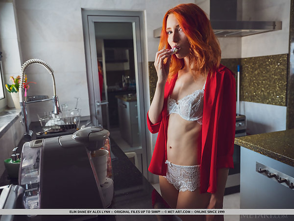Sexy redhead takes off her lace lingerie