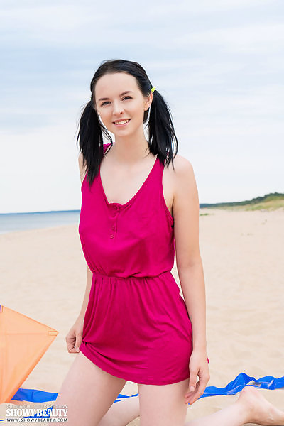 Shaved teen with black hair nude at the beach