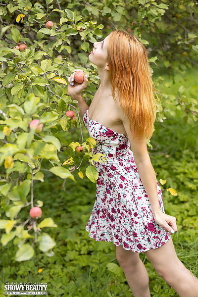 Redhead takes off her dress in a field
