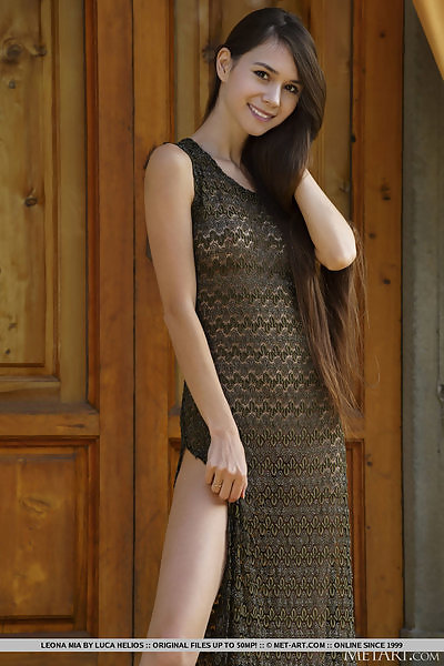 Long-haired brunette teen on a see-through dress
