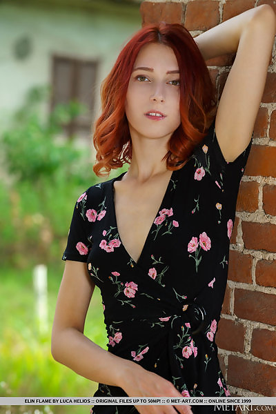 Sexy redhead lifts up her dress outdoors