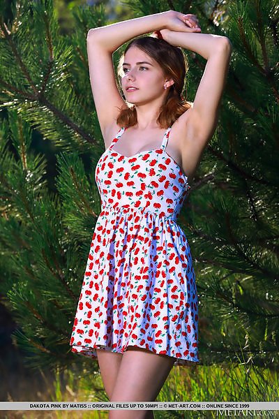 Busty girl with large areolas lifts up her dress by a forest