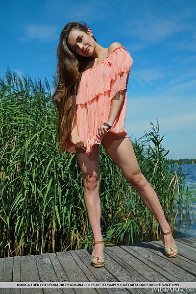 Shaved brunette lifts up her dress on a dock