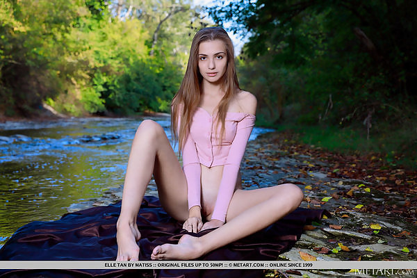 Pale brunette nude by a brook