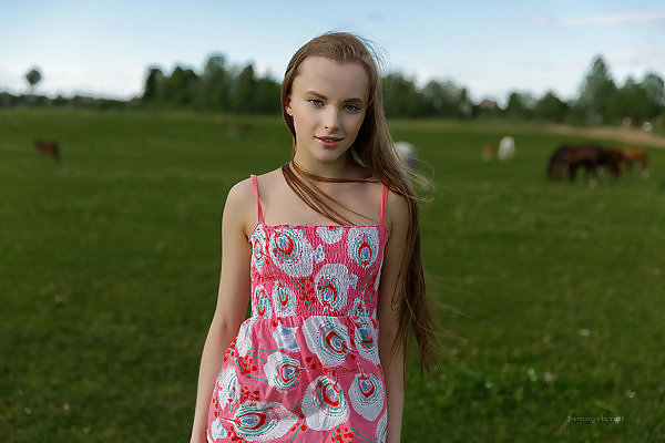 Long-haired cutie lifts up her dress in a field