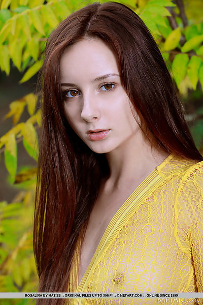 Shaved brunette takes off her lace bodysuit in a forest