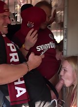 Horny blonde fucked by the footbal team