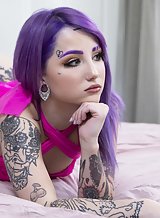 Purple-haired tattooed girl fucked by 2 guys