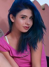 Flat-chested teen with blue hair in a white thong