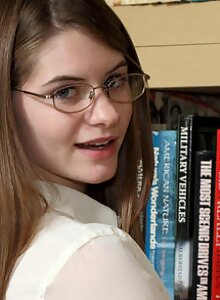 Nerdy flat-chested teen toying