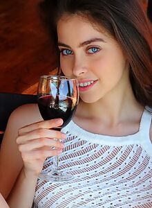 Beautiful brunette drinking wine in a see-through top and skirt