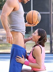 Brunette with tan lines fucked by the basketball court