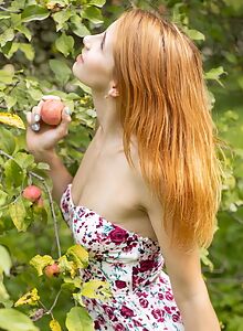 Redhead takes off her dress in a field