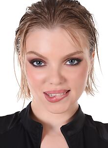 Blue-eyed blonde girl toying her shaved pussy