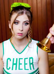 Shaved cheerleader with blue eyes getting fucked