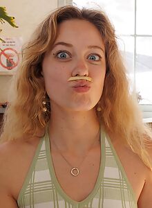 Blue-eyed blonde girl flashing in public