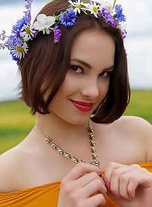 Lovely brunette lifts up her dress in a field