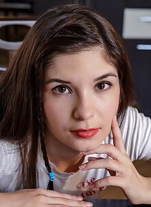 Cute brunette takes off her crotchless panties