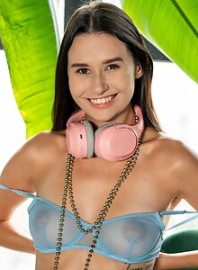 Cute brunette with firm tits toying her shaved pussy