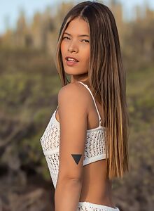 Latina with small nipples masturbating outdoors