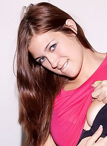 Shaved brunette amateur with tan lines toying