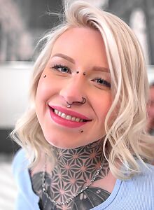 Tattooed blonde fucked in the ass by a fat guy