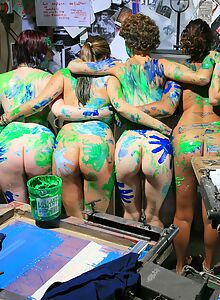 Seven lesbian amateurs having fun with paint and showering together