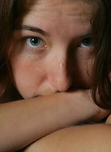 Freckled brunette amateur spreads her hairy pussy