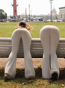 Cute lesbians flashing and kissing in public