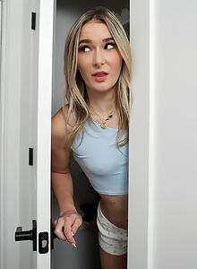 Flat-chested blonde getting licked and fucked on the couch
