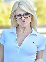 Blonde babe with glasses flashing and toying