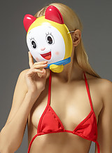 Slender blonde model Aleksandra posing in cat mask nudes