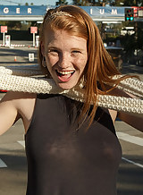 Sexy freckled redhead flashes in public places